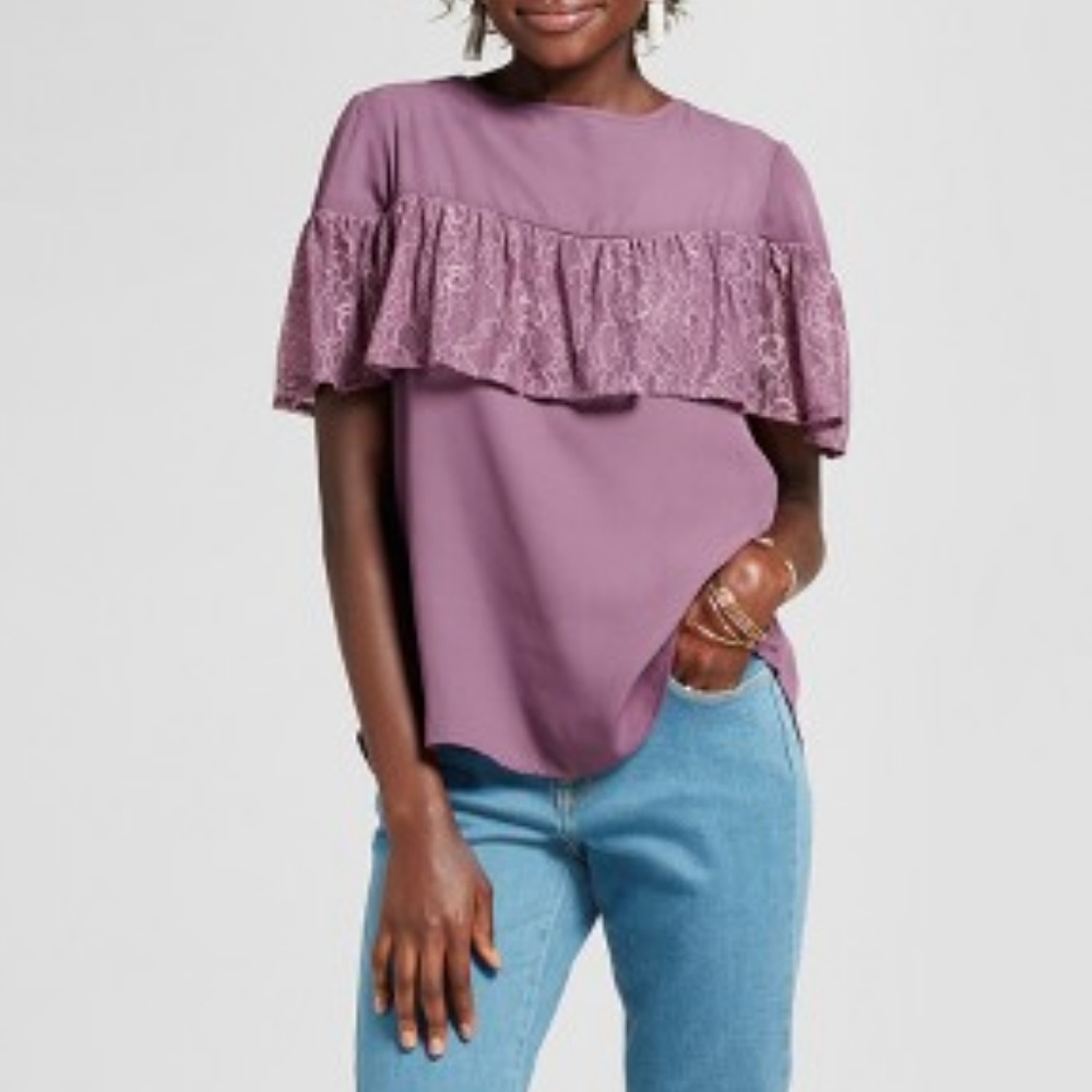 Short Sleeve Lace Flounce Cut Out Top - Purple XL